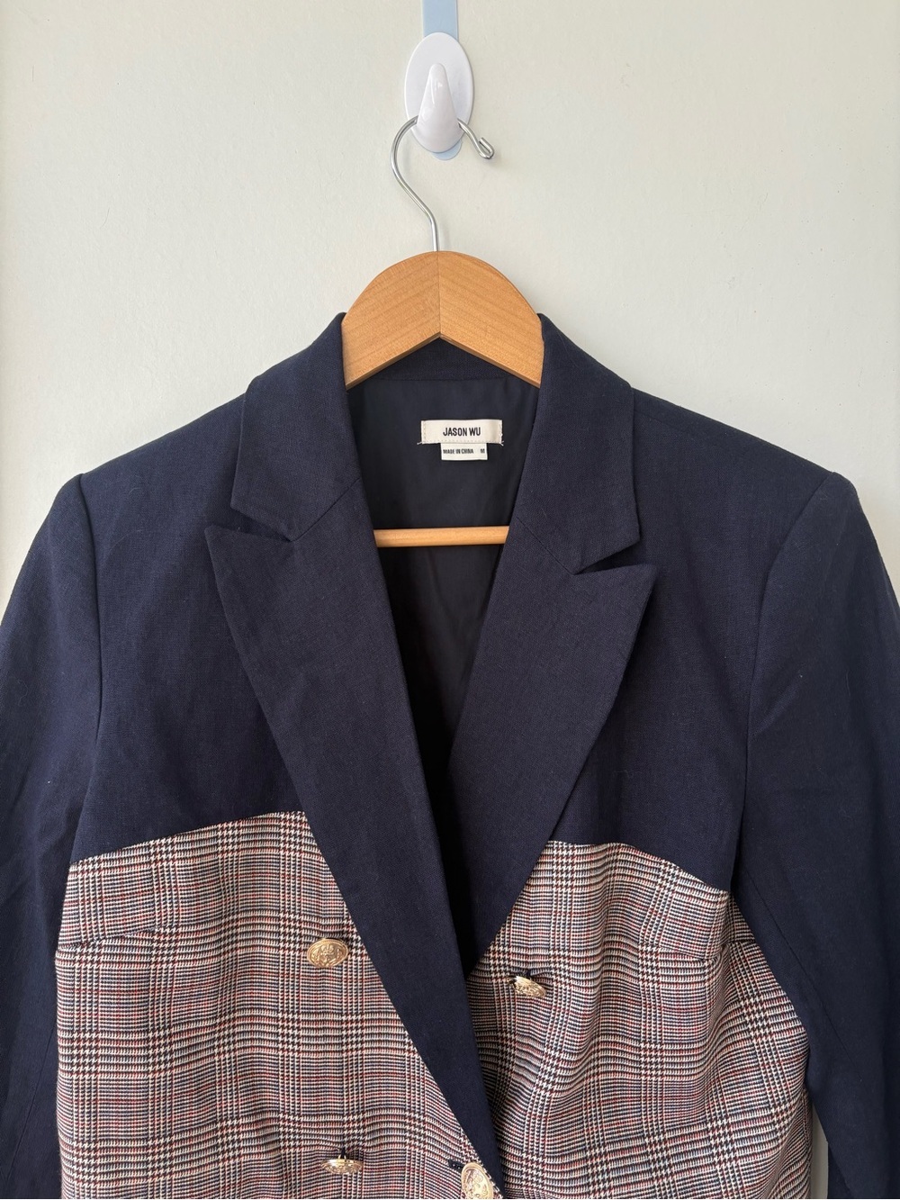 Jason Wu Mixed Media Cropped Navy Plaid‎ Blazer Jacket Medium - Picture 4 of 10